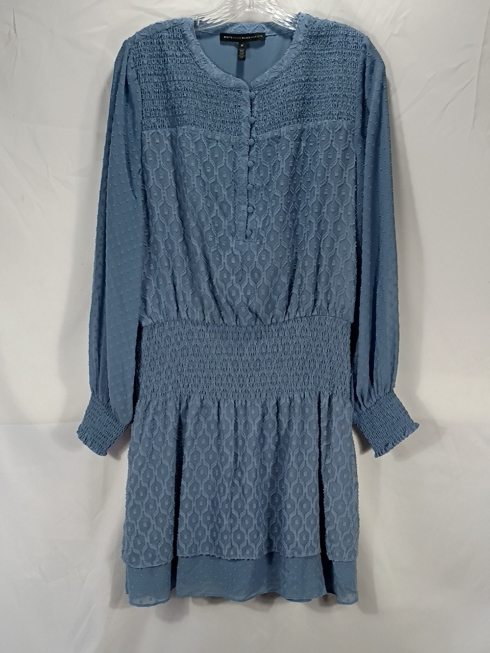 EUC White House Black Market Blue Long-Sleeve Smocked Waist Dress Size Medium